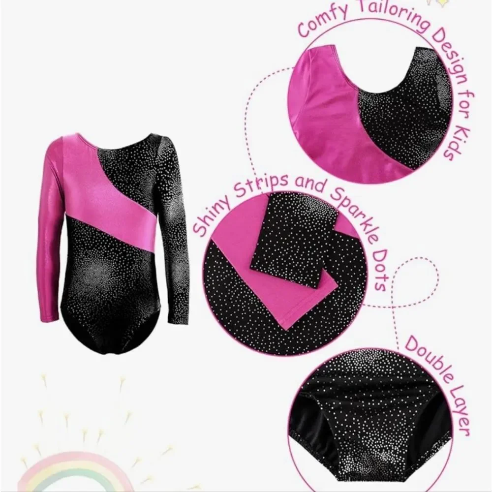 Girls Pink Black Sparkle Leotard Gymnastics Dance Tank Kids 110 3-4 Y Tumbling